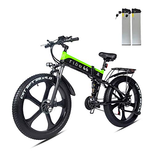 Velo Electrique VTT Fat Bike 26 Pouces Pliant Double Batterie Montagne Ebike pour Homme Femme (Noir-Vert)